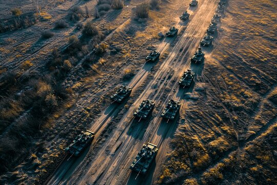A group of military tanks advances in formation on a dusty dirt road. The tanks are equipped with heavy artillery and armor. Generative AI