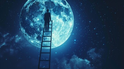 A captivating scene captures the rear view of a businessman standing triumphantly on top of a ladder, reaching out to touch the moon.  - Powered by Adobe