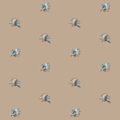 watercolor vintage blue beige birds with floral element seamless pattern