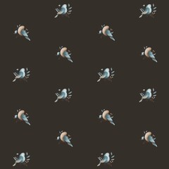 watercolor vintage blue beige birds with floral element seamless pattern