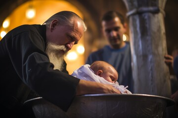 
Orthodox male priest baptizing a newborn baby in a traditional font of holy water - obrazy, fototapety, plakaty