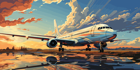 airplanes on the runway with bright sky and good weather vector flat bright color