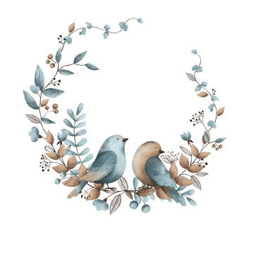 recommend clip art: Blue beige watercolor floral frame border with cute vintage birds, transparent background