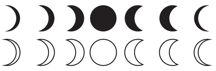 Fototapeta na wymiar Moon phases astronomy icon silhouette symbol set. Full moon and crescent sign logo. Vector illustration. Isolated on white background.