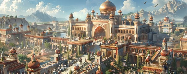 Persian Empires golden age with advanced technology hovering palaces and robotic guardians amidst ancient architecture - obrazy, fototapety, plakaty