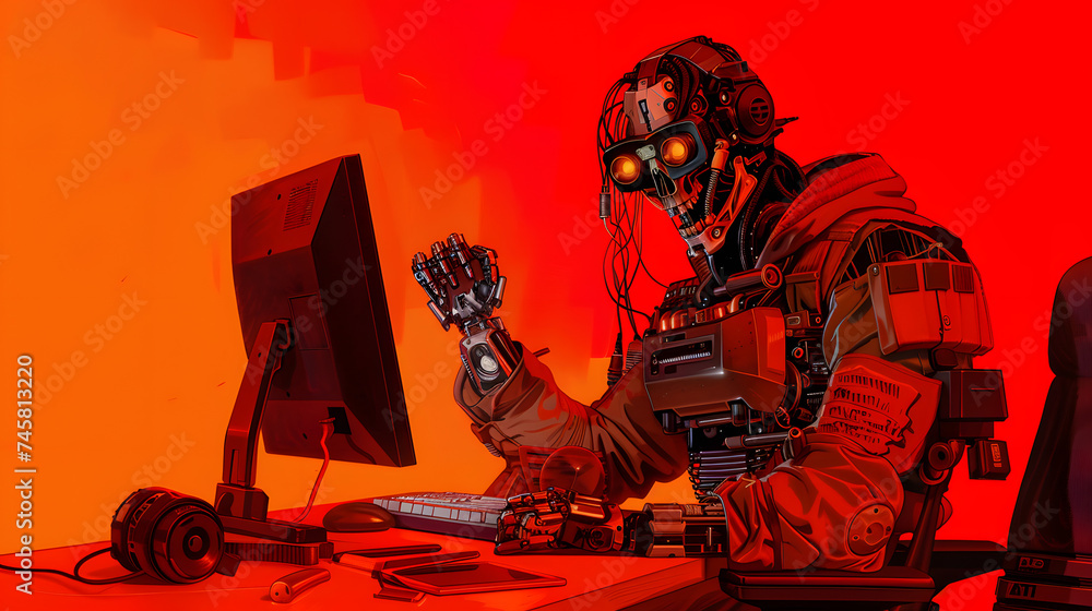 Aufkleber half robotic ninja gangster with wierd robotic face overworking on a computer