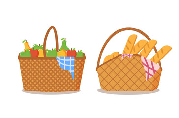 Fototapeta na wymiar Picnic basket full of food on a white background. Picnic basket is full of delicious fruits and bread for al fresco dining. Picnic Design Concept. Vector illustration