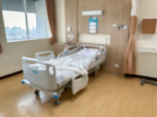 Blur image of Hospital bed in a luxurious and modern patient room. The atmosphere is clear and you can see the surrounding view