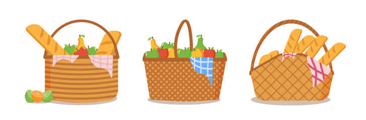 Picnic basket full of food on a white background. Picnic basket is full of delicious fruits and bread for al fresco dining. Picnic Design Concept. Vector illustration
