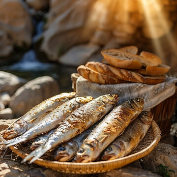 Fish and bread. Christian illustration of the gospel miracle of Jesus Christ feeding people with fish and bread. For church religious publications