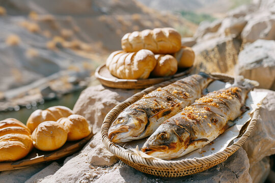 Fish and bread. Christian illustration of the gospel miracle of Jesus Christ feeding people with fish and bread. For church religious publications