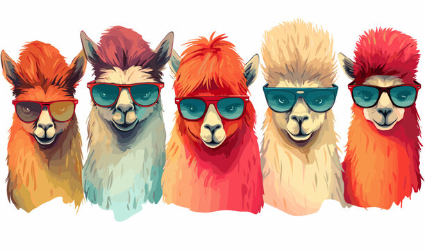 Alpacas wearing sunglasses on a white background, colorful clipart vector illustration