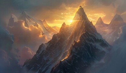  the sun dips below the horizon, casting a golden glow upon the jagged peaks