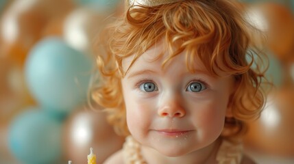 Fototapeta premium baby celebrating a birthday, wearing a party hat, surrounded by balloons and a birthday cake with one candle