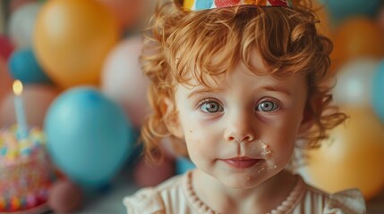 baby celebrating a birthday, wearing a party hat, surrounded by balloons and a birthday cake with one candle - obrazy, fototapety, plakaty