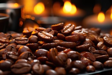 Selective focus of a toasted coffee bean under the lights with a blurry background, generative IA