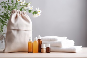 Fototapeta na wymiar Eco-friendly wellness products, white towel, flowers. Natural Spa and Wellness Set
