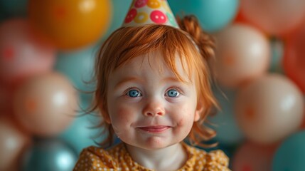 baby celebrating a birthday, wearing a party hat, surrounded by balloons and a birthday cake with one candle