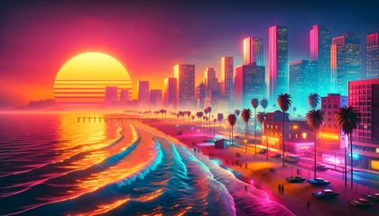 Foto op Canvas a stylized 3D art image of Vice City in the year 1984, showcasing the beachside drenched in the sunset hues. The scene should capture the vibrant, neon-infused aesthetic of the 1980s © Tanicsean