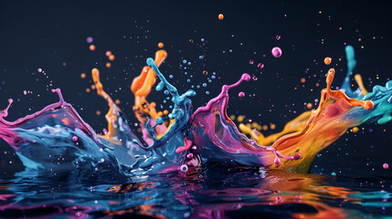 Water splashes in various hues over a dark background, Splash of paint. Abstract background. Digital Art, colored floating liquid in the trend colors pink, orange, blue and violet. 3d - obrazy, fototapety, plakaty