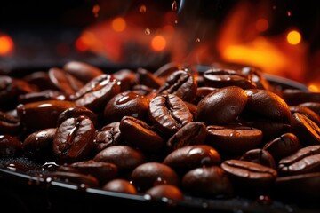 Aromatic coffee grains steam in a macro dark background photo, generative IA