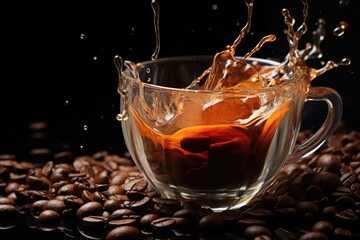 Coffee grains falling in the tow and cup of coffee in the dark background, generative IA