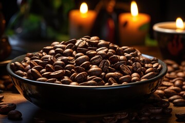 Dark coffee beans in a bowl on a brown table, generative IA