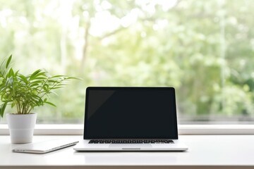 A serene remote work setup with a laptop and a potted plant on a white desk against a window view. Workspace with Laptop and Houseplant