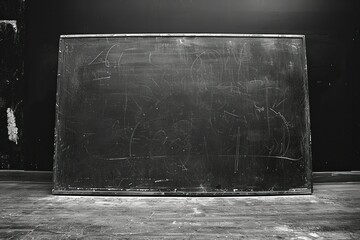 Chalkboard left with remnants of the day's lessons, surrounded by silence, a testament to the day's intellectual endeavors.