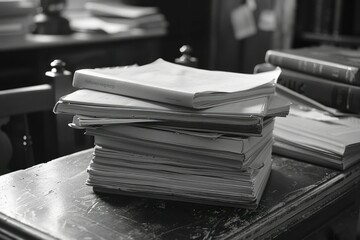Homework assignments stacked on the teacher's desk, ready for grading, the quiet work of educators continuing beyond the school day. - obrazy, fototapety, plakaty