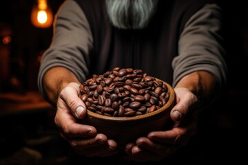 Hands of an unrecognizable man, holding a handful of coffee beans in the anating b, generative IA - obrazy, fototapety, plakaty