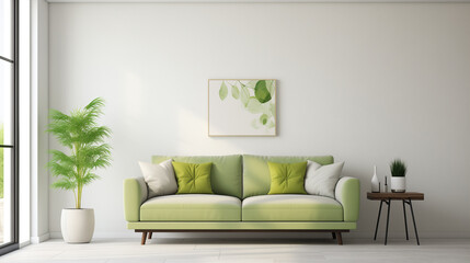 Elegant Minimalist Living Room Interior with Green Sofa and Plant Decorations
