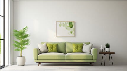 Elegant Minimalist Living Room Interior with Green Sofa and Plant Decorations