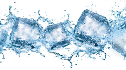 Ice Cubes In Flow Splashing - Cold And Refreshment, blue water splash isolated on white background

