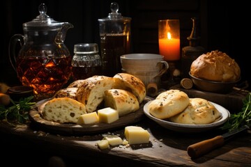 Table with delicious cheese breads, a cup of coffee and a traditional coffee maker, generative IA