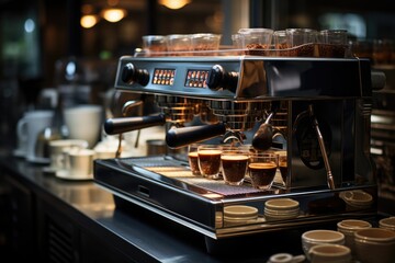 Coffee manufacturing process using new coffee machine at experienced barista., generative IA - obrazy, fototapety, plakaty