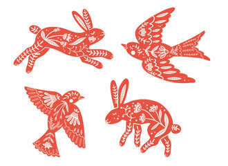 Scandinavial folk animals. Cute rabbit and bird illustration isolated on white background. Forest minimalistic animals illustration for cards, posters and interior design