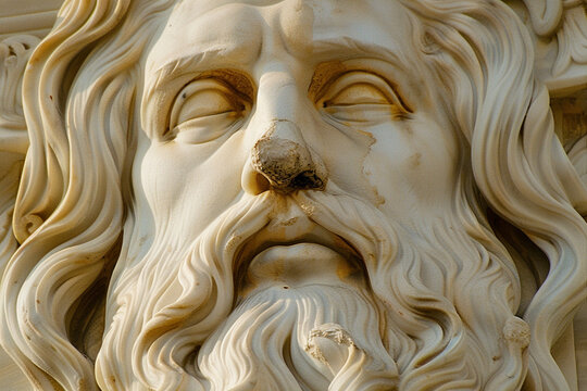 detailed photograph of Zeus' majestic beard and stern features, conveying wisdom and authority, photo