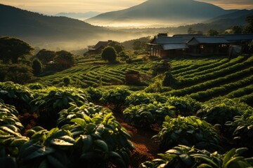 Sundown plantation in the landscape of coffee farmer coffee plantation, generative IA - obrazy, fototapety, plakaty