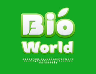 Vector creative banner Bio World with decorative Leaf. Modern Stylish Font. Trendy Alphabet Letters and Numbers set.