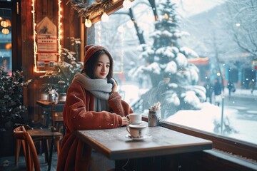 雪景色のカフェで寛ぐ女性, Generative AI
