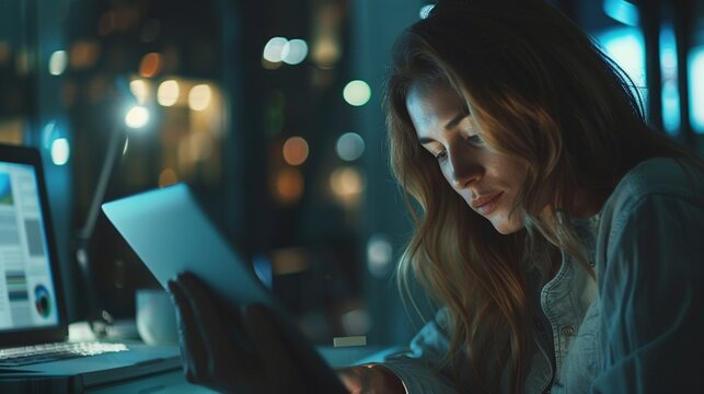 Young woman working on tablet in an office at night.
