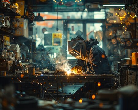 Man wearing protective equipment welding in a workshop.