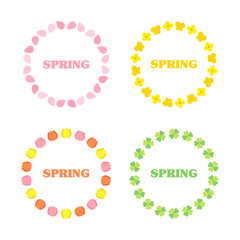 Spring season concept circular border frame illustration set. Flowers, cherry blossoms, butterflies, tulips, forsythia, rape flowers, clover, petals.