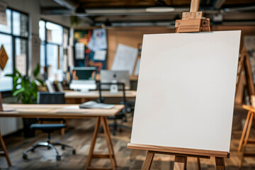 Wooden painting easel with clean blank paper in sunny interior with tables