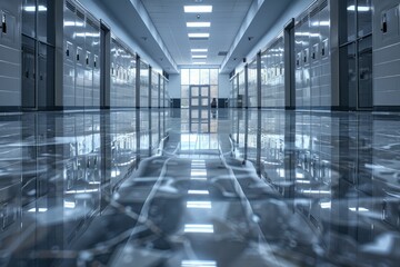 Mirrored lockers and lights on polished school hallway floor, tranquility in educational journey.