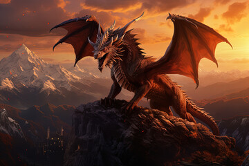 fantasy illustration with a dragon roars in the peak of mountains at sunset or sunrise