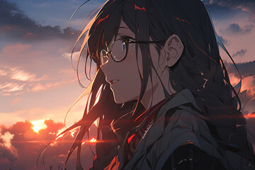 portrait profile pretty anime girl with black hair and glasses on sunset sky background