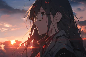 Tuinposter portrait profile pretty anime girl with black hair and glasses on sunset sky background © Маргарита Вайс