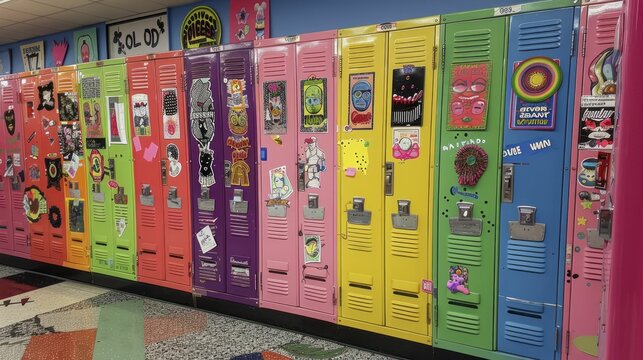Row of colorful school lockers, each adorned with stickers and magnets, reflecting the personalities and interests of the students.